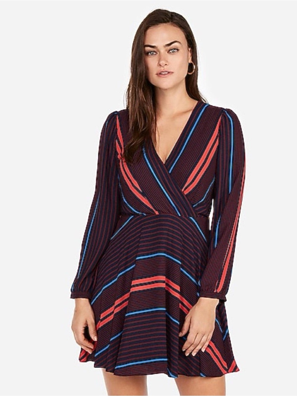 Express Navy Wrap Dress with Red & Blue Stripe Detail